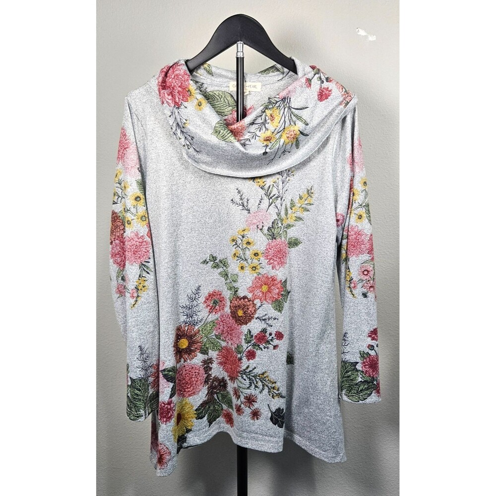 Cactus + Pearl Floral Cowl Neck Tunic Top Large Gray Sweater Knit Stretch Boho